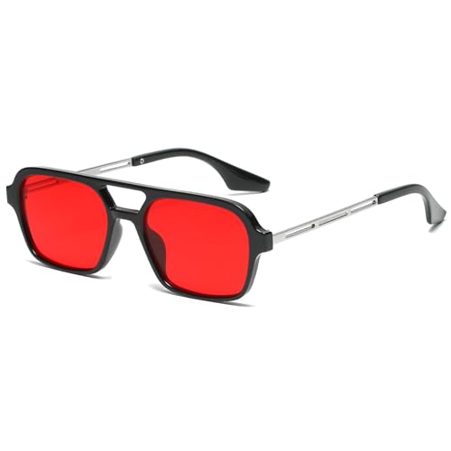 JCTAIFOO Vintage 70s Quadratische flache Piloten-Sonnenbrille für Herren Damen Trendy Retro Rectangle Small Shades Cool Niedliche Mode Brille Schwarz-Silber/Rot JCTAIFOO Vintage 70s Quadratische flache Piloten-Sonnenbrille für Herren Damen Trendy Retro Rectangle Small Shades Cool Niedliche Mode Brille Schwarz-Silber/Rot von JCTAIFOO