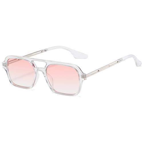 JCTAIFOO Vintage 70s Quadratische flache Piloten-Sonnenbrille für Herren Damen Trendy Retro Rectangle Small Shades Cool Niedliche Mode Brille Transparent-Silber/Rosa von JCTAIFOO