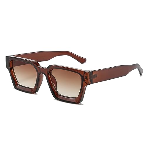 JCTAIFOO Vintage Rechteck Sonnenbrille für Damen Herren Retro Rechteckig Chunky Quadrat Große Dicke Frame Brille Braun/Teebraun von JCTAIFOO