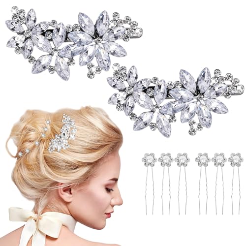 JCUGSBS 2 Stück Haarschmuck Silber Silvester Haarschmuck Haarspange Hochzeit Braut-Haarspangen mit Kristallblumen,mit 6 Perlen-Haarspangen von JCUGSBS