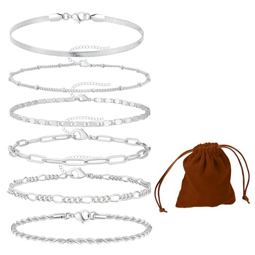JCUGSBS 6 Pcs Ketten Armbander für Damen Armband silber 925 damen Damen Twist Kettenarmbänder Verstellbar Modeschmuck Armbander Set Armbander für Damen Mädchen (silber) von JCUGSBS