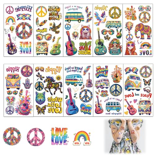 Hippie Tattoos Temporär, 10 Stück Bunte Flower Power Aufkleber mit Peace Zeichen & Blumenmotiven - Körperkunst für Festivals, Partys & Kostüme, Hautfreundliche Temporäre Tattoos von JCUQGDOO