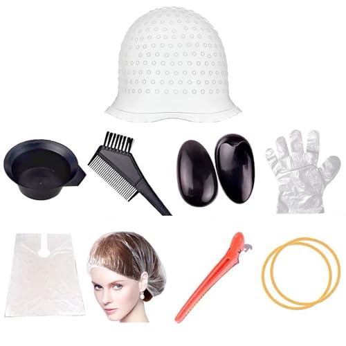Hochwertiges Haarfärbeset - 8 Stück Vorgebohrte Strähnchenhaube mit Silikon - Haarhaken, Färbebürste & Handschuhe inklusive - Perfekt für Frauen & Mädchen zur Haarfarbe Hervorhebung zu Hause von JCUQGDOO