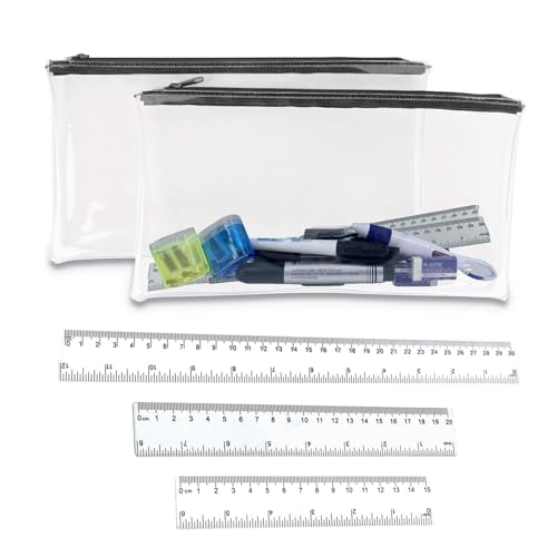 JCUQGDOO 2er-Pack transparentes Federmäppchen-Set mit 3-teiligem Lineal-Bundle (15/20/30 cm) – 32 cm transparentes Federmäppchen für Schule, Prüfungen, Büro – Schreibwaren-Organizer für einfache von JCUQGDOO