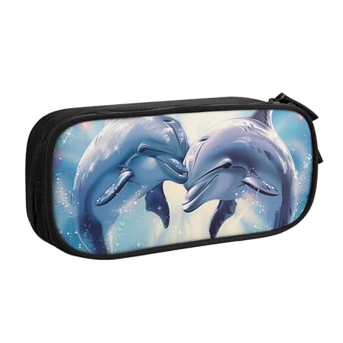 JCVOTREL Delphins in Love 1 bedrucktes Federmäppchen, großes Fassungsvermögen, Schreibwaren-Tasche, Stifteetui mit Reißverschluss, für Schule, Reisen, Büro, Schwarz , Einheitsgröße, Kosmetiktasche von JCVOTREL