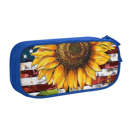 JCVOTREL Federmäppchen mit Sonnenblumen- und amerikanischer Flagge, großes Fassungsvermögen, Schreibwaren-Tasche, Stifteetui mit Reißverschluss, für Schule, Reisen, Büro, blau, Einheitsgröße, von JCVOTREL