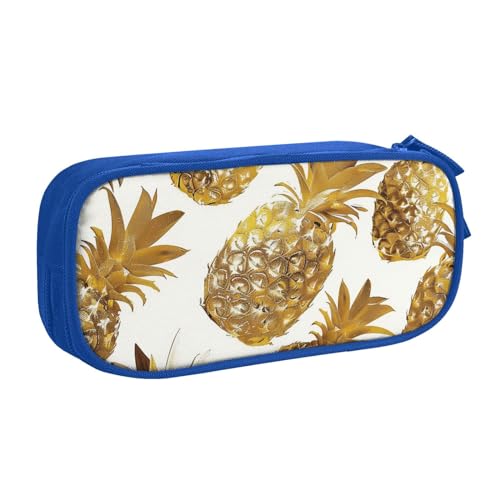 JCVOTREL Federmäppchen mit goldenem Ananas-Hintergrund, großes Fassungsvermögen, Schreibwaren-Tasche, Stifteetui mit Reißverschluss, für Schule, Reisen, Büro, blau, Einheitsgröße, Kosmetiktasche von JCVOTREL