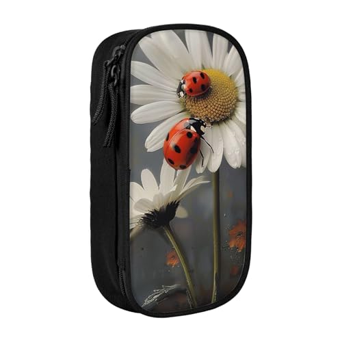 JCVOTREL Ladybug Federmäppchen mit Gänseblümchen-Motiv, großes Fassungsvermögen, Schreibwaren-Tasche, Stifteetui mit Reißverschluss, für Schule, Reisen, Büro, Schwarz , Einheitsgröße, Kosmetiktasche von JCVOTREL