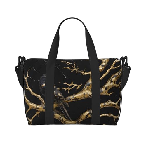 Faltbare Reisetasche, Sporttasche, Handgepäck, Handtasche, Crossbody-Tasche für Männer und Frauen, Schwarz und Gold, Marmor, Vogel, Schwarz, Einheitsgröße, Schwarz , Einheitsgröße von JCVYTSDLK
