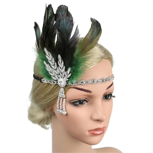 Feder-Kopfschmuck für Damen 1 Stück Kopfschmuck Feder Stirnband Schwarz Strass Perlen Pailletten Haarband Vintage(Color6) von JCXIOC