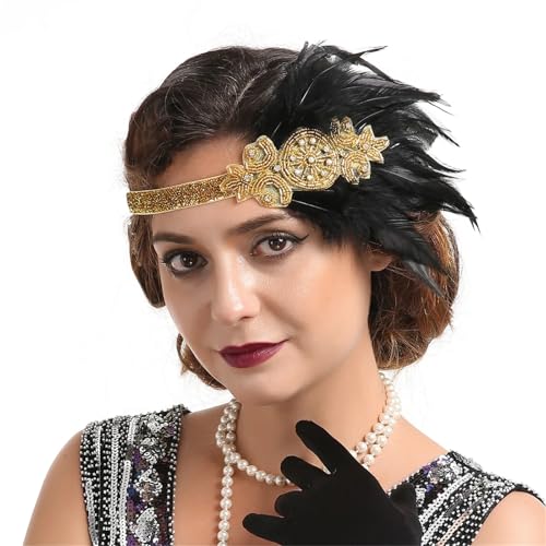 Feder-Kopfschmuck für Damen 1920er-Jahre-Feder-Stirnband, 20er-Jahre-Perlen-Showgirl-Kopfschmuck, Pfauenfeder-elastisches Haarband(Color3) von JCXIOC