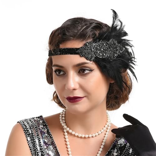 Feder-Kopfschmuck für Damen 1920er-Jahre-Feder-Stirnband, 20er-Jahre-Perlen-Showgirl-Kopfschmuck, Pfauenfeder-elastisches Haarband(Color4) von JCXIOC