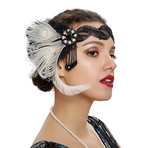 Feder-Kopfschmuck für Damen 1920er Jahre Kopfschmuck Feder Stirnband Vintage Haarschmuck Party Kostüm Fotografie Haarband(Beige black) von JCXIOC