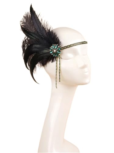 Feder-Kopfschmuck für Damen 1920er-Jahre-Kopfschmuck-Stirnband, Strass-Perlen-Feder-Haarband-Kopfschmuck-Accessoires for Frauen(Black) von JCXIOC