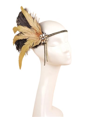 Feder-Kopfschmuck für Damen 1920er-Jahre-Kopfschmuck-Stirnband, Strass-Perlen-Feder-Haarband-Kopfschmuck-Accessoires for Frauen(Gold) von JCXIOC