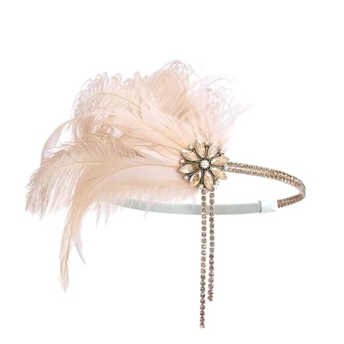 Feder-Kopfschmuck für Damen 1920er-Jahre-Kopfschmuck-Stirnband, Strass-Perlen-Feder-Haarband-Kopfschmuck-Accessoires for Frauen(Nude) von JCXIOC