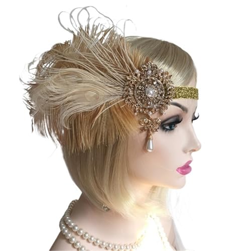 Feder-Kopfschmuck für Damen Damen Vintage Feder-Stirnband, weiße Strass-Metallkette, 1920er-Jahre-Vintage-Kopfbedeckung(C) von JCXIOC