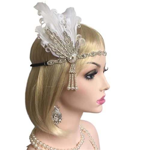 Feder-Kopfschmuck für Damen Damen Vintage Feder-Stirnband, weiße Strass-Metallkette, 1920er-Jahre-Vintage-Kopfbedeckung(F) von JCXIOC