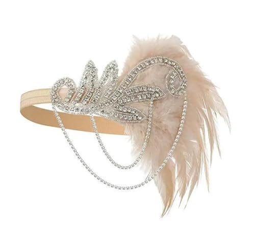 Feder-Kopfschmuck für Damen Ecowalson 1920er-Jahre-Stirnband, Kostüm-Requisiten, Charleston-Kostümzubehör, Flapper-Kopfbedeckung, tolles Gatsby-Stirnband mit Federperlen(Beige) von JCXIOC