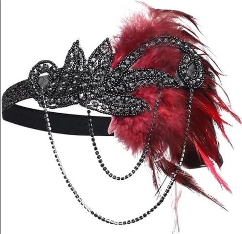 Feder-Kopfschmuck für Damen Ecowalson 1920er-Jahre-Stirnband, Kostüm-Requisiten, Charleston-Kostümzubehör, Flapper-Kopfbedeckung, tolles Gatsby-Stirnband mit Federperlen(Red) von JCXIOC