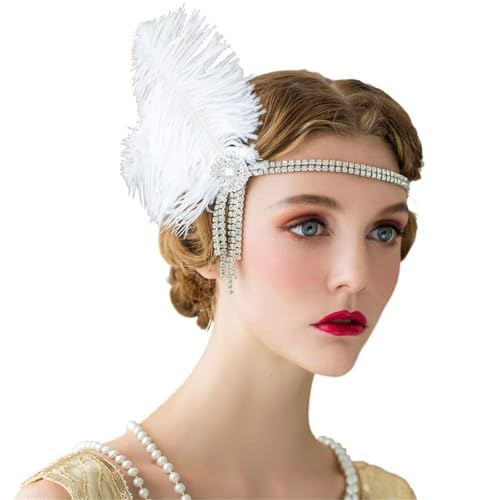 Feder-Kopfschmuck für Damen Frauen Kopfschmuck Kostüm Requisiten Strass Haarschmuck Feder 1920er Jahre Haarband(White) von JCXIOC