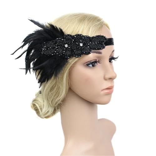 Feder-Kopfschmuck für Damen Haarschmuck Schwarz Strass Perlen Pailletten Haarband 1920er Jahre Vintage Gatsby Party Kopfschmuck Frauen Feder Stirnband(Color5) von JCXIOC