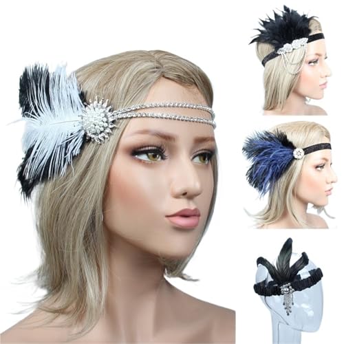 Feder-Kopfschmuck für Damen Haarschmuck for Frauen und Mädchen, schwarzes Stirnband, Strass-Pailletten, Vintage-Party-Kopfschmuck(Color3) von JCXIOC