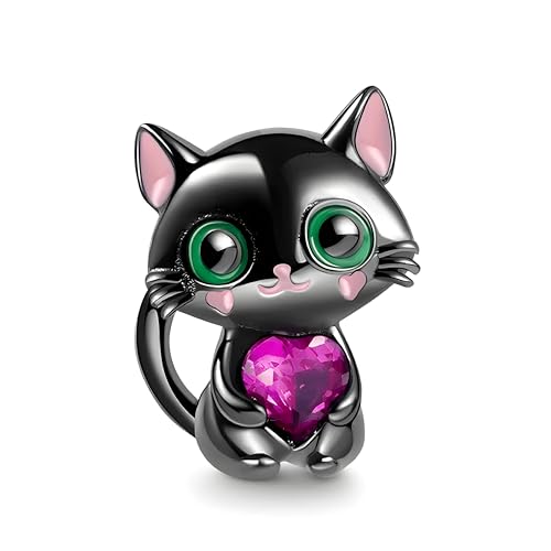 G 198 Charm schwarze Katze Herz, 925er Sterlingsilber, Kompatibel mit Pandora Armband von JCaleydo