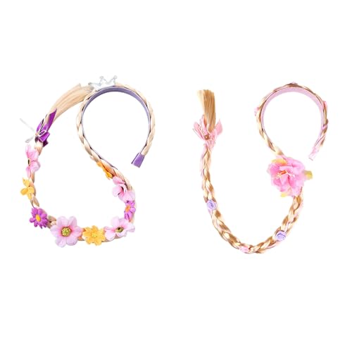 JDCMEI 2 Stück Haarreif Prinzessin Zopf, Rapunzel Perücke Kinder Mädchen Perücken Haarseil Kinder Perücken für Mädchen Blond Haarreif Prinzessin Zopf mit Krone und Blumen für Maskerade Cosplay von JDCMEI