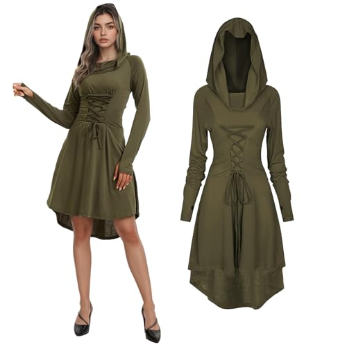 JDFAIJEAL Gothic Mittelalter Kleid Damen,Renaissance Mit Kapuze Langarm Retro Kostüm,Elfenkostüm für Damen Cosplay Halloween Karneval Kostüm (Armeegrün, L) von JDFAIJEAL