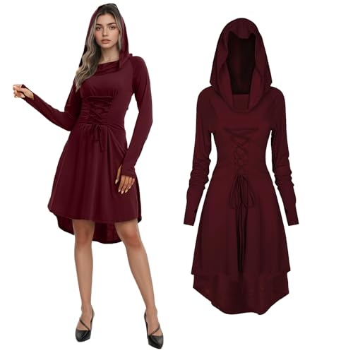 JDFAIJEAL Gothic Mittelalter Kleid Damen,Renaissance Mit Kapuze Langarm Retro Kostüm,Elfenkostüm für Damen Cosplay Halloween Karneval Kostüm (Burgundisch, L) von JDFAIJEAL