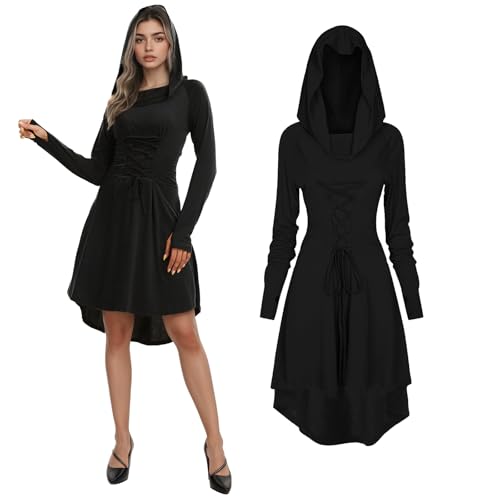 JDFAIJEAL Gothic Mittelalter Kleid Damen,Renaissance Mit Kapuze Langarm Retro Kostüm,Elfenkostüm für Damen Cosplay Halloween Karneval Kostüm (Schwarz, XXL) von JDFAIJEAL
