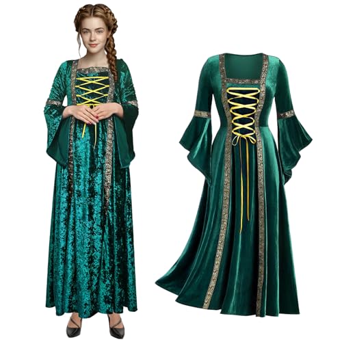Retro Mittelalter Damen Kleid mit Trompetenärmel,Mittelalterliche Viktorianischen Grün Samt Königin Kleider, Renaissance irisch Kleid,Karneval Halloween Party Prinzessin Kostüm Hexen Kleidung (S) von JDFAIJEAL