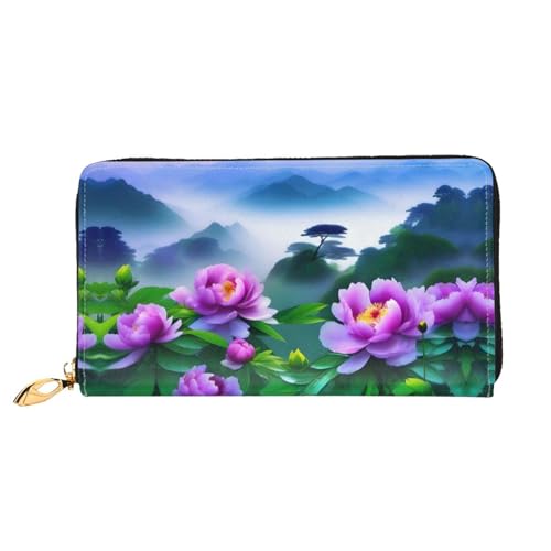 JDFHGNU Blühende Pfingstrosen Muster Damen Geldbörse Lange Clutch Geldbörse Kreditkartenetui Geldbörse Reise Münzbörse Schwarz Einheitsgröße, Schwarz , Einheitsgröße von JDFHGNU