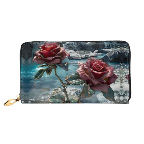 JDFHGNU Blühende rote Rosen Muster Damen Geldbörse Lange Clutch Geldbörse Kreditkartenetui Geldbörse Reise Münzbörse Schwarz Einheitsgröße, Schwarz , Einheitsgröße von JDFHGNU