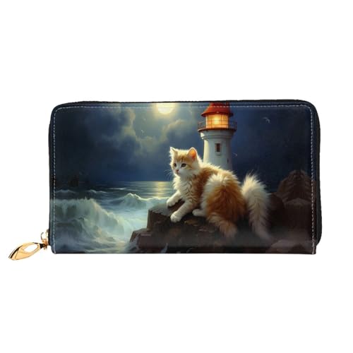 JDFHGNU Cat By Lighthouse Pattern Damen Geldbörse Lange Clutch Geldbörse Kreditkartenetui Geldbörse Reise Münzbörse Schwarz Einheitsgröße, Schwarz , Einheitsgröße von JDFHGNU