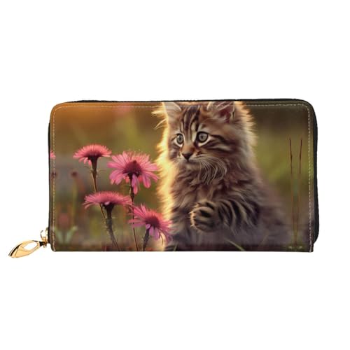 JDFHGNU Katze berührende Blumen Muster Damen Geldbörse Lange Clutch Geldbörse Kreditkartenetui Geldbörse Reise Münzbörse Schwarz Einheitsgröße, Schwarz , Einheitsgröße von JDFHGNU