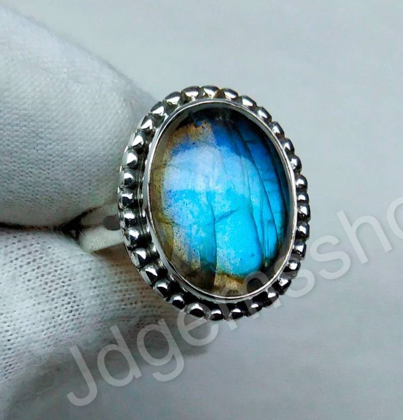 Labradorit 925 Silber Ring Handgemachter Vintage Für Frauen Boho Verlobungsring Stapelbar Oval Minimalist Unikatring von JDGEMSShop