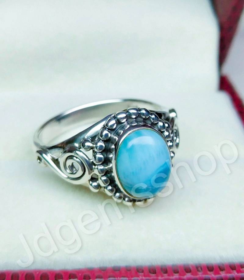 Larimar Ring Boho 925 Sterling Silber Handgemachter Edelsteinring Midi Versprechensring Ovaler Blauer Für Frauen von JDGEMSShop