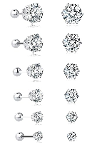 6Pairs Damen Männer Ohrringe Silber,Ohrstecker Silber,Edelstahl Ohrringe set,Medizinische Ohrstecker,Cubic Zirkonia Ohrringe Herren,Mens Jewellery,Helix Piercings Chirurgenstahl Ohrringe Damen von JDGEMSTONE