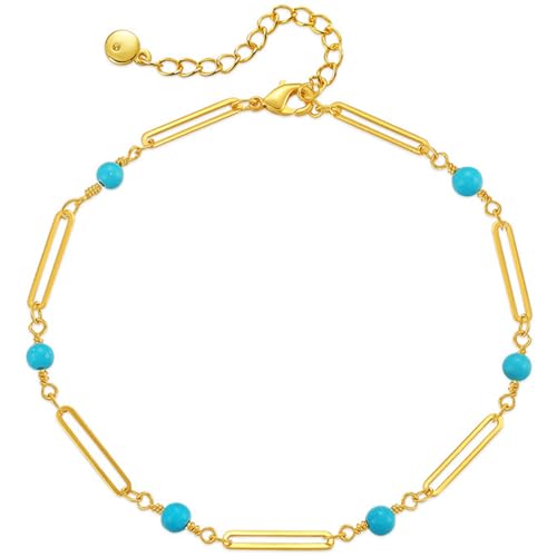 JDGEMSTONE Handgemachte Büroklammern Fußkette,Boho Fußkettchen,Perlen Fussketten für Frauen,Türkis Fußkettchen für Damen,Mädchen,Fusskettchen Gold 585 Echtgold,Strand Accessoires,Designer Fußkettchen von JDGEMSTONE