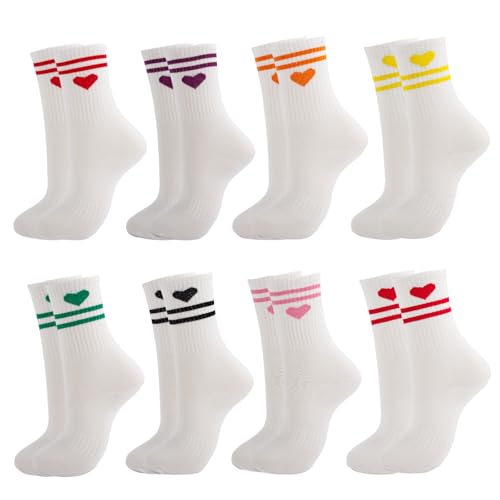JDGFH 8 Paar Tennissocken,Tennissocken Damen 39-42,Herz Tennissockens für Damen Sportsocken 39-42,Funny Herz Crew Socks with Bunt Streifen Mit Motiv von JDGFH