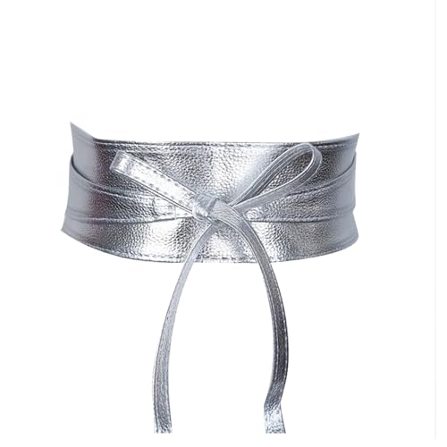 JDGFH Damen Gürtel, Breiter Taillengürtel, Obi Gürtel Breite Spitze Taille Band Kunstleder Cinch Tie Up(Silber) von JDGFH