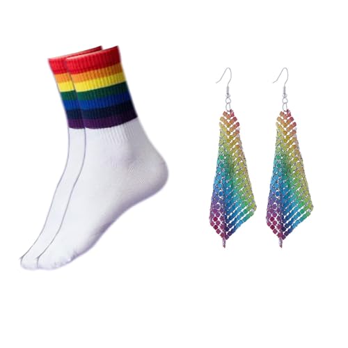 JDGFH One Paar Regenbogen socken Pride Socken Unisex, Gestreifte Muster Regenbogen Socken, Schwule Stolz Weiß Herren Damen von JDGFH