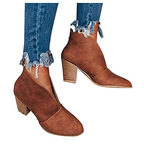 JDGY Leder Stiefeletten Damen Ankle Boots mit Blockabsatz Kurze Stiefel Comfort Lederritterstiefel Damen Knöchel Schuhe Rutschfest Schlupfstiefel Frauen Kurzschaft Boots von JDGY