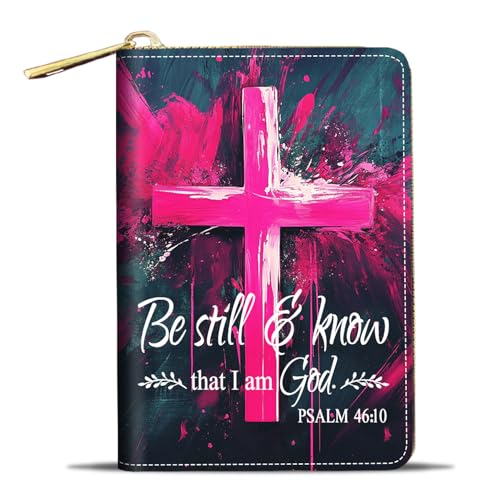 JDHJFBFJNP Kreditkartenetui Geldbörsen für Damen, kleine RFID-Geldbörse, schlankes Leder-Kartenetui mit Reißverschluss, Wolf, Bibelvers Psalm 46:10 Heiliges Kreuz Zitat, Modisch von JDHJFBFJNP