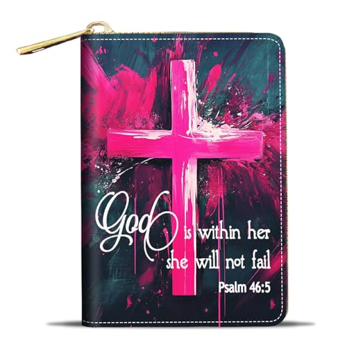 JDHJFBFJNP Kreditkartenetui Geldbörsen für Damen, kleine RFID-Geldbörse, schlankes Leder-Kartenetui mit Reißverschluss, Wolf, Bibelvers mit Heiligem Kreuz, Psalm 46:5, Modisch von JDHJFBFJNP