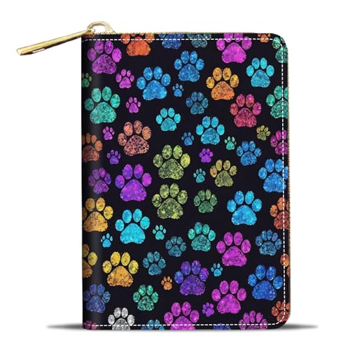 JDHJFBFJNP Kreditkartenetui Geldbörsen für Damen, kleine RFID-Geldbörse, schlankes Leder-Kartenetui mit Reißverschluss, Wolf, Bunte Hundepfotenabdrücke. von JDHJFBFJNP