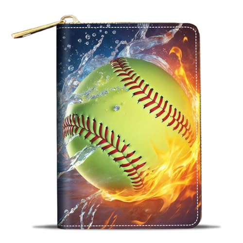 JDHJFBFJNP Kreditkartenetui Geldbörsen für Damen, kleine RFID-Geldbörse, schlankes Leder-Kartenetui mit Reißverschluss, Wolf, Burning Softball Fire and Water, Modisch von JDHJFBFJNP