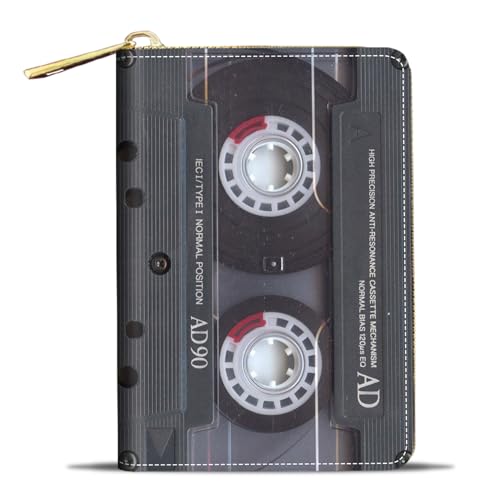 JDHJFBFJNP Kreditkartenetui Geldbörsen für Damen, kleine RFID-Geldbörse, schlankes Leder-Kartenetui mit Reißverschluss, Wolf, Retro-Musikkassette von JDHJFBFJNP